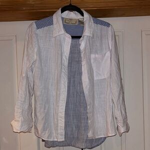 Life Style Brand White Button-Front Layered Blouse with Blue Stripes